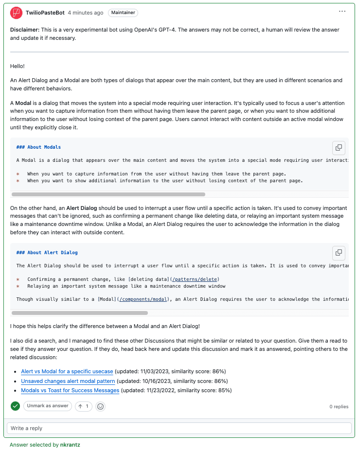Screenshot of a Github Discussion answered by Pastebot